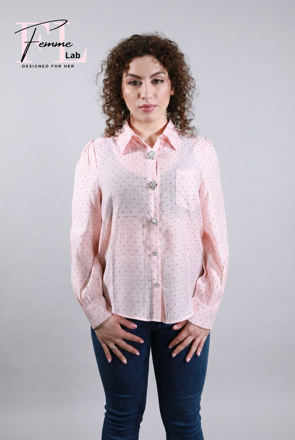 Camicia con Bottoni Gioiello e Micro Pois