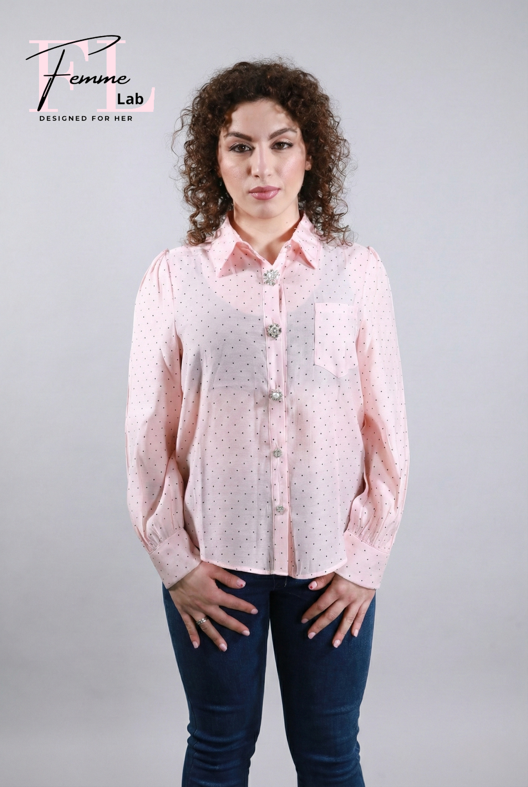 Camicia con Bottoni Gioiello e Micro Pois