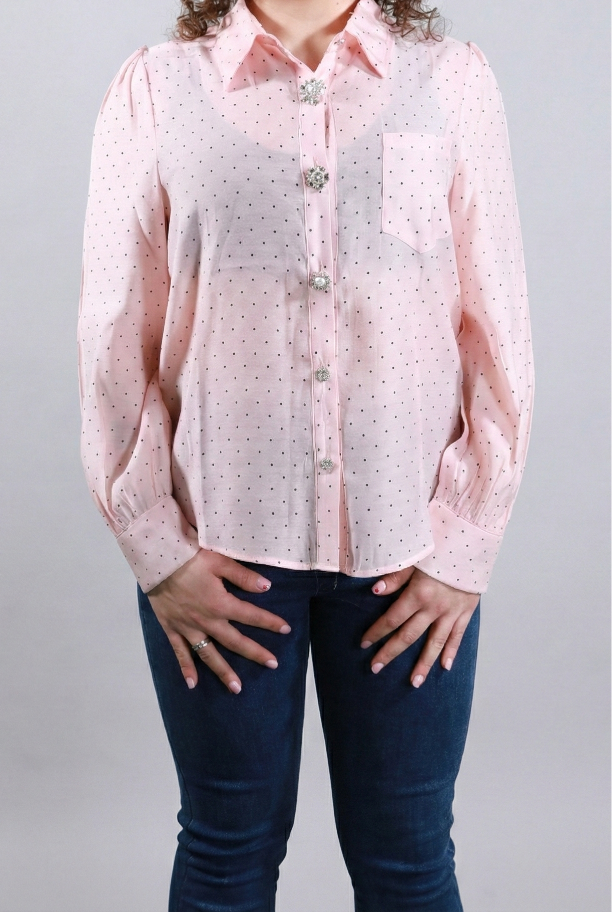 Camicia con Bottoni Gioiello e Micro Pois