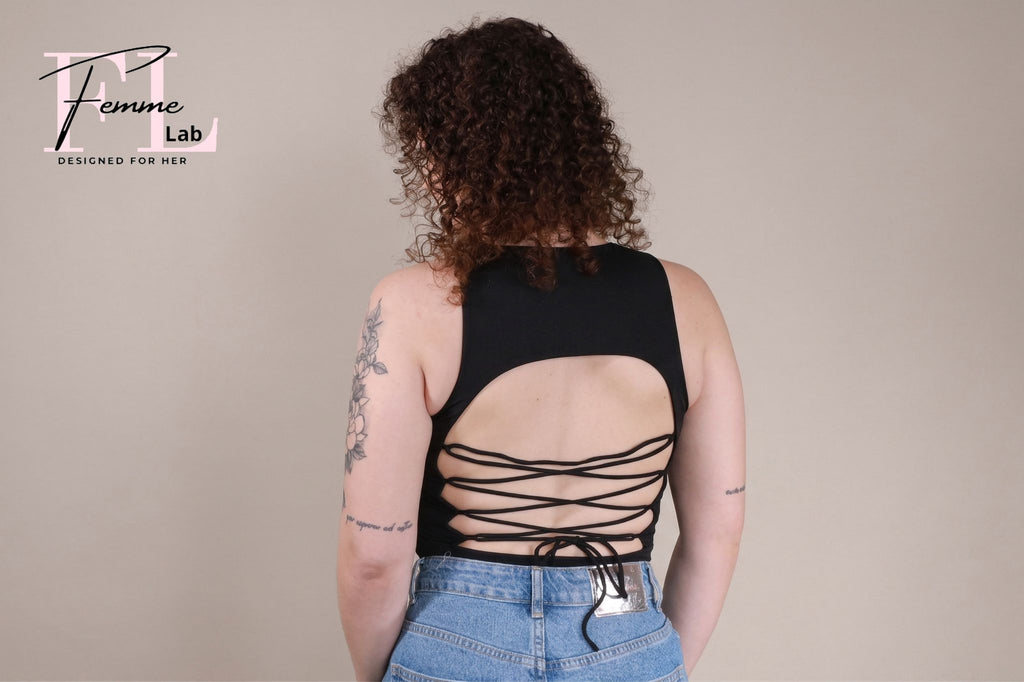 Body Nero con Schiena Scoperta e Intreccio Stringato